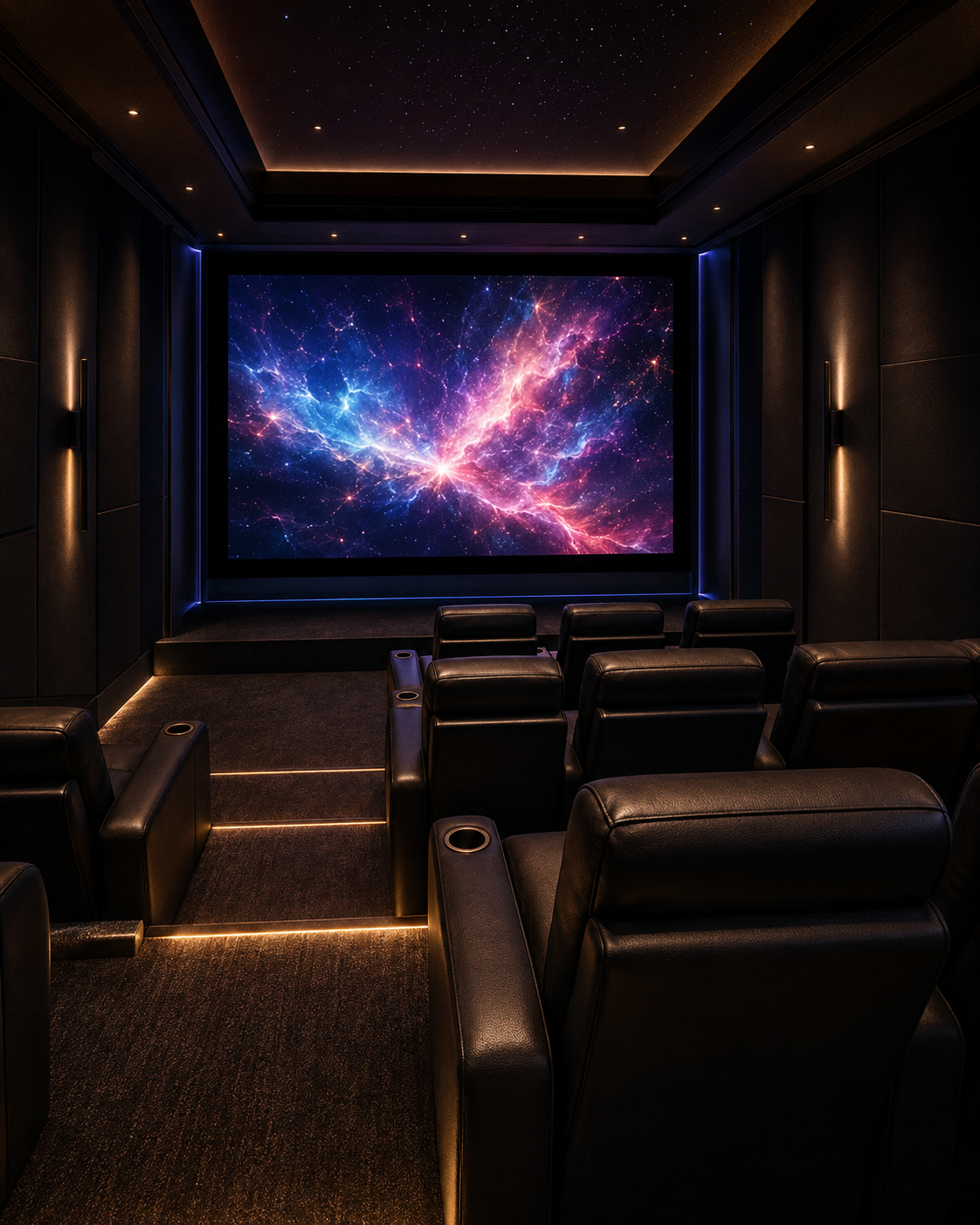 Private theater with recliner seats and a large abstract cinema screen